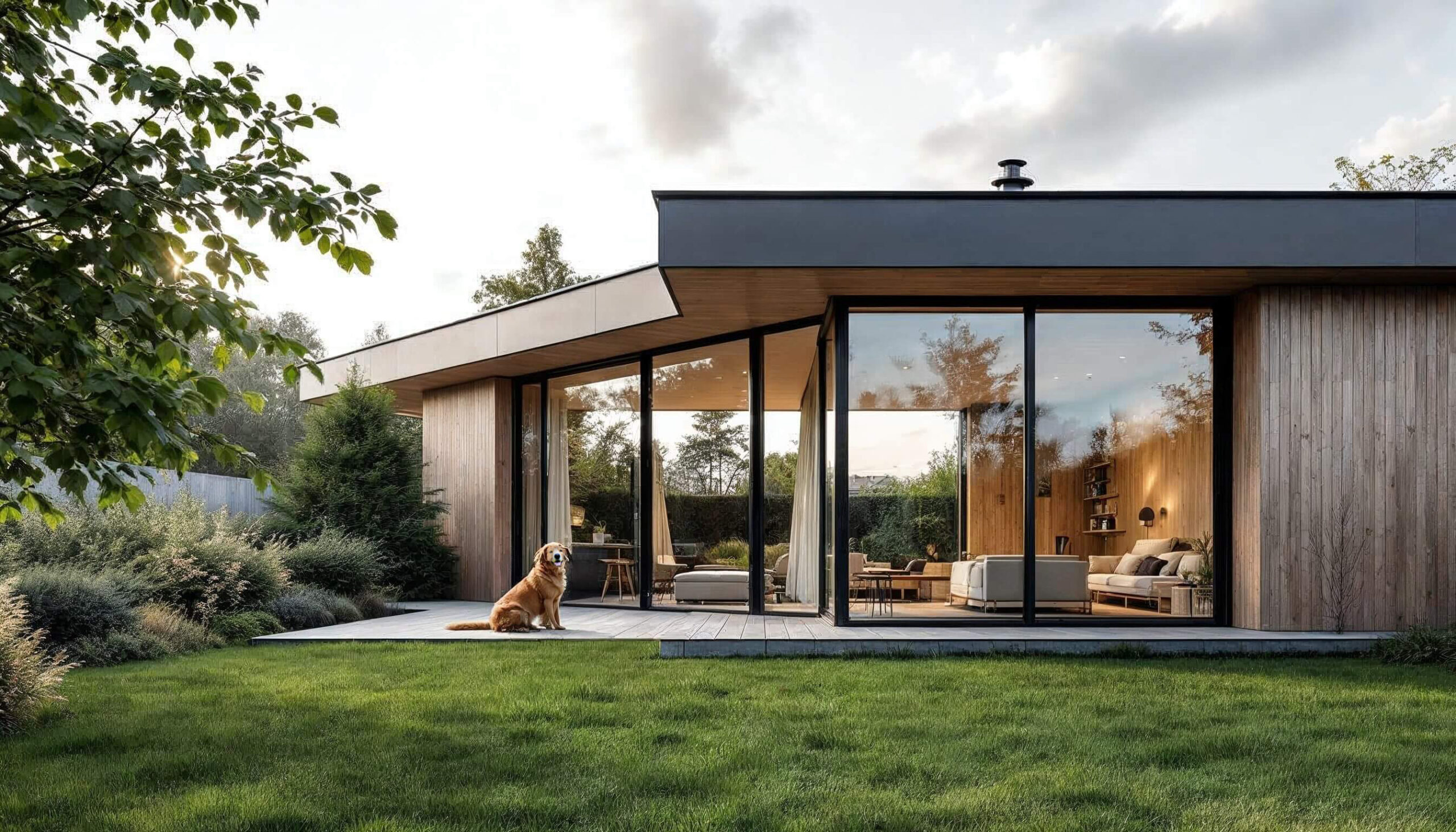 Nowoczesny, parterowy projekt domu wykonany przez architekta Bartoszewicz Architektura z dużymi przeszkleniami, drewnianą elewacją i szerokim tarasem; na pierwszym planie zieleń ogrodu oraz pies siedzący na tarasie.