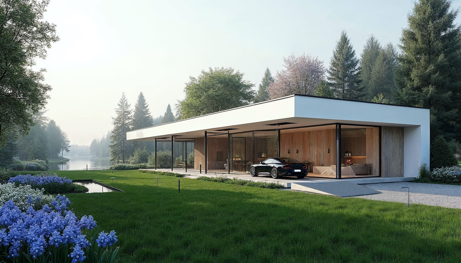 Minimalistyczny, parterowy projekt domu wykonany przez architekta Bartoszewicz Architektura z nowoczesną elewacją, ciemnym garażem i szerokimi przeszkleniami otaczającymi strefę dzienną.