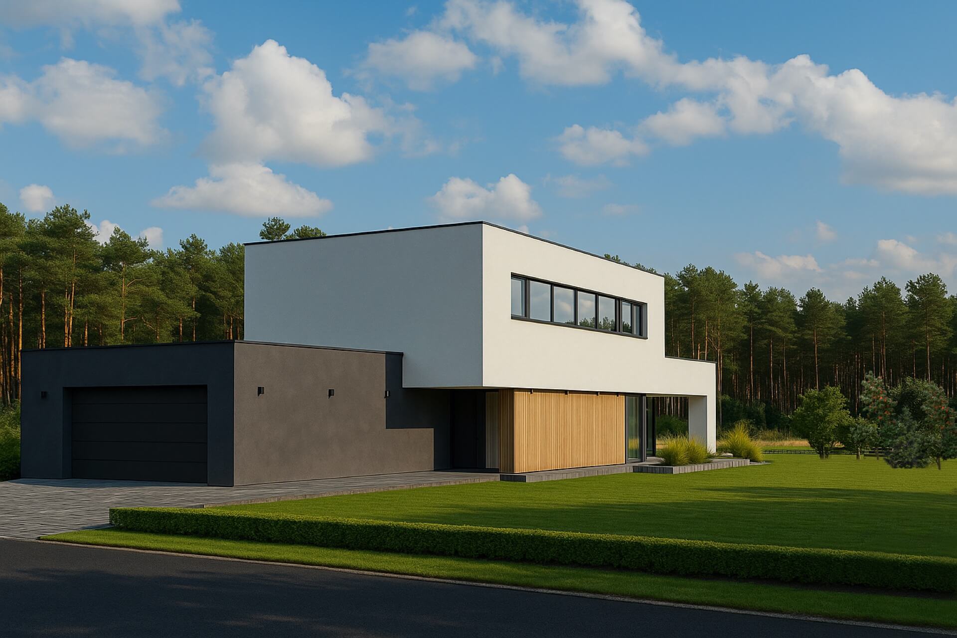Parterowy dom z dwuspadowym dachem, jasną elewacją, drewnianymi panelami, dużym tarasem oraz czerwonym kabrioletem na podjeździe; na pierwszym planie kwitnące kwiaty, projekt wykonany przez studio Bartoszewicz Architektura