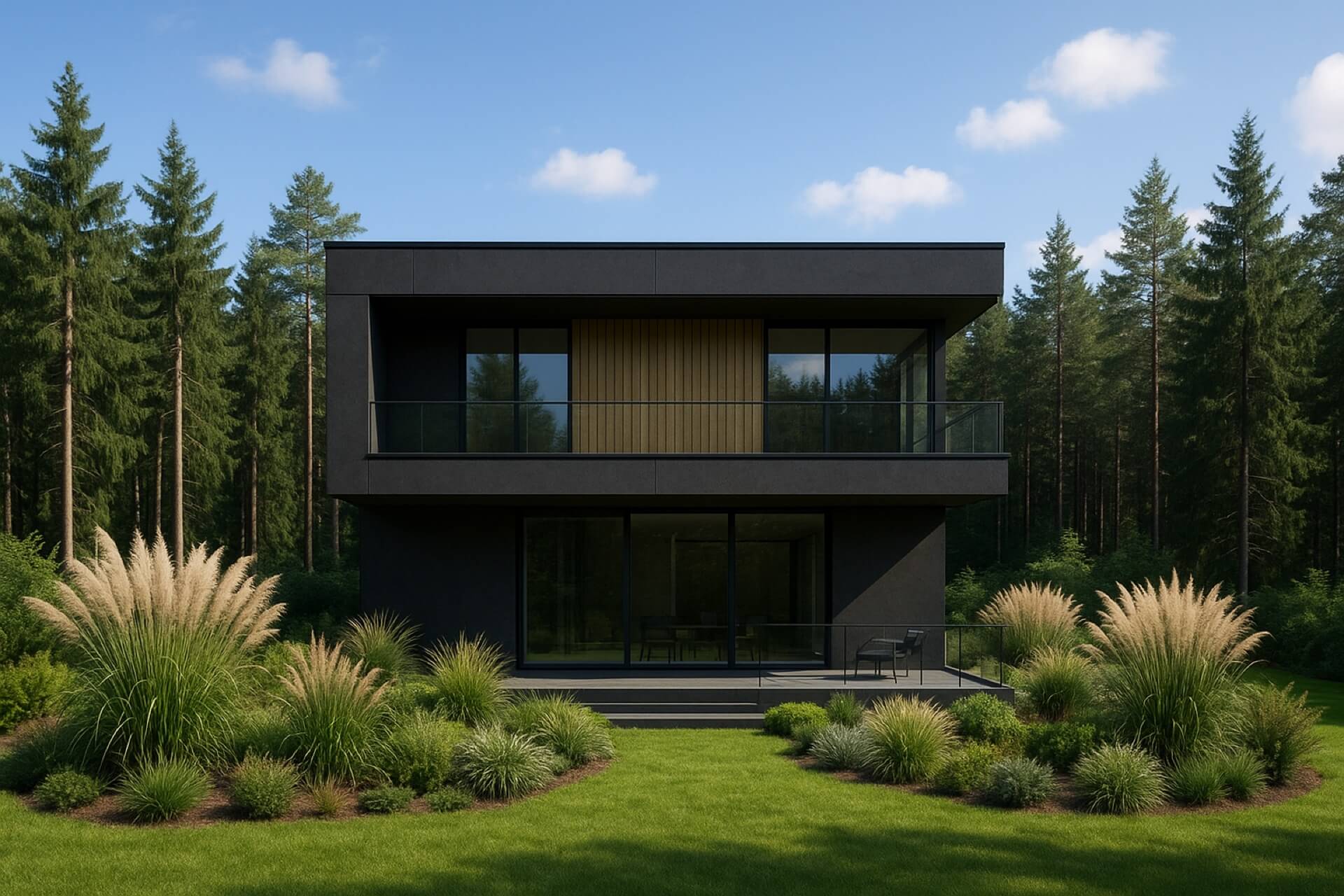 Minimalistyczny dom dwukondygnacyjny w ciemnej kolorystyce, z pionową drewnianą okładziną i szklaną balustradą, otoczony ozdobnymi trawami i zielenią na tle lasu; projekt wykonany przez studio Bartoszewicz Architektura.