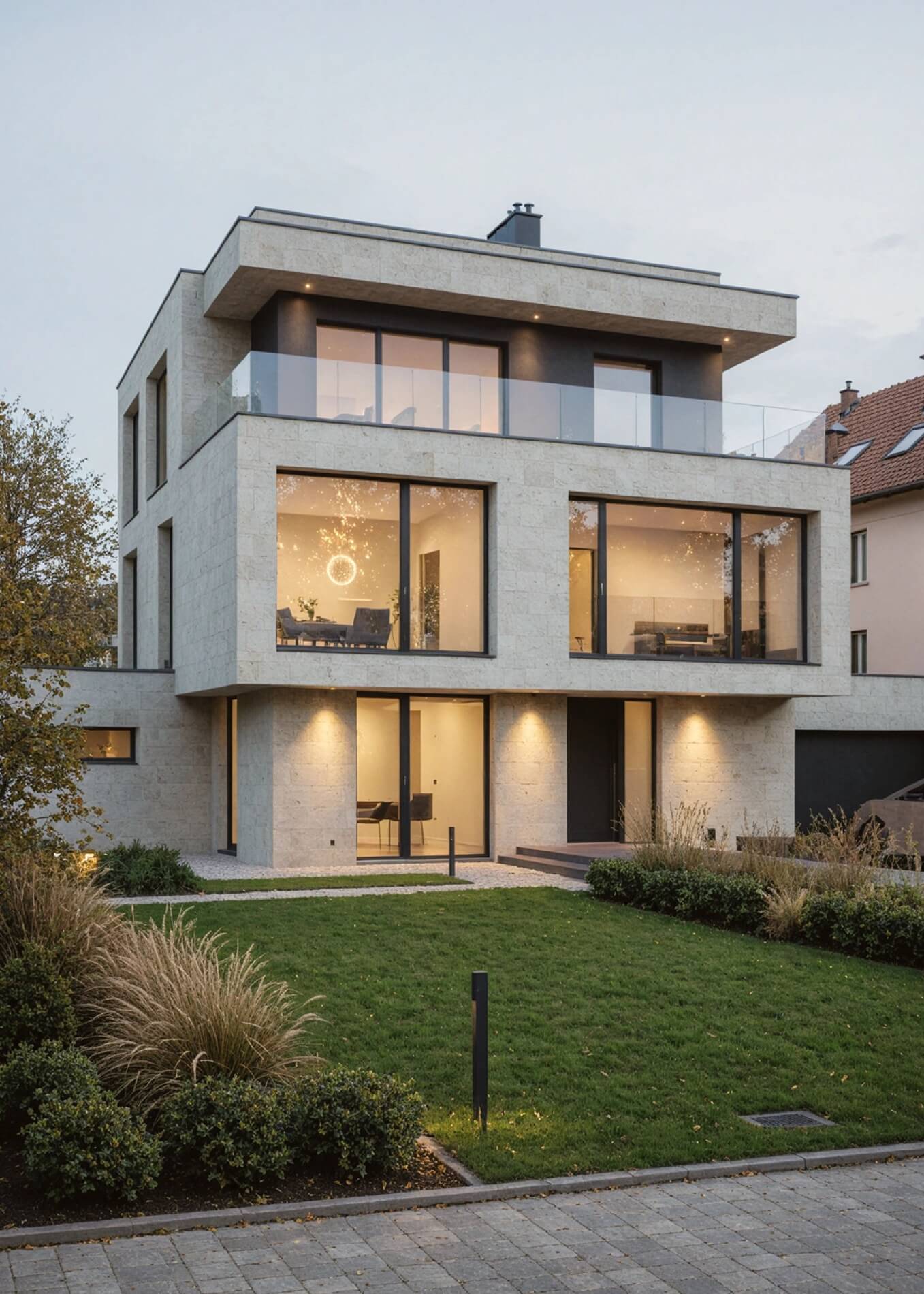Trzykondygnacyjna rezydencja o elewacji z jasnego kamienia z dużymi oknami i szklanymi balustradami na oświetlonym tle. Projekt: Architekt w Białystok.