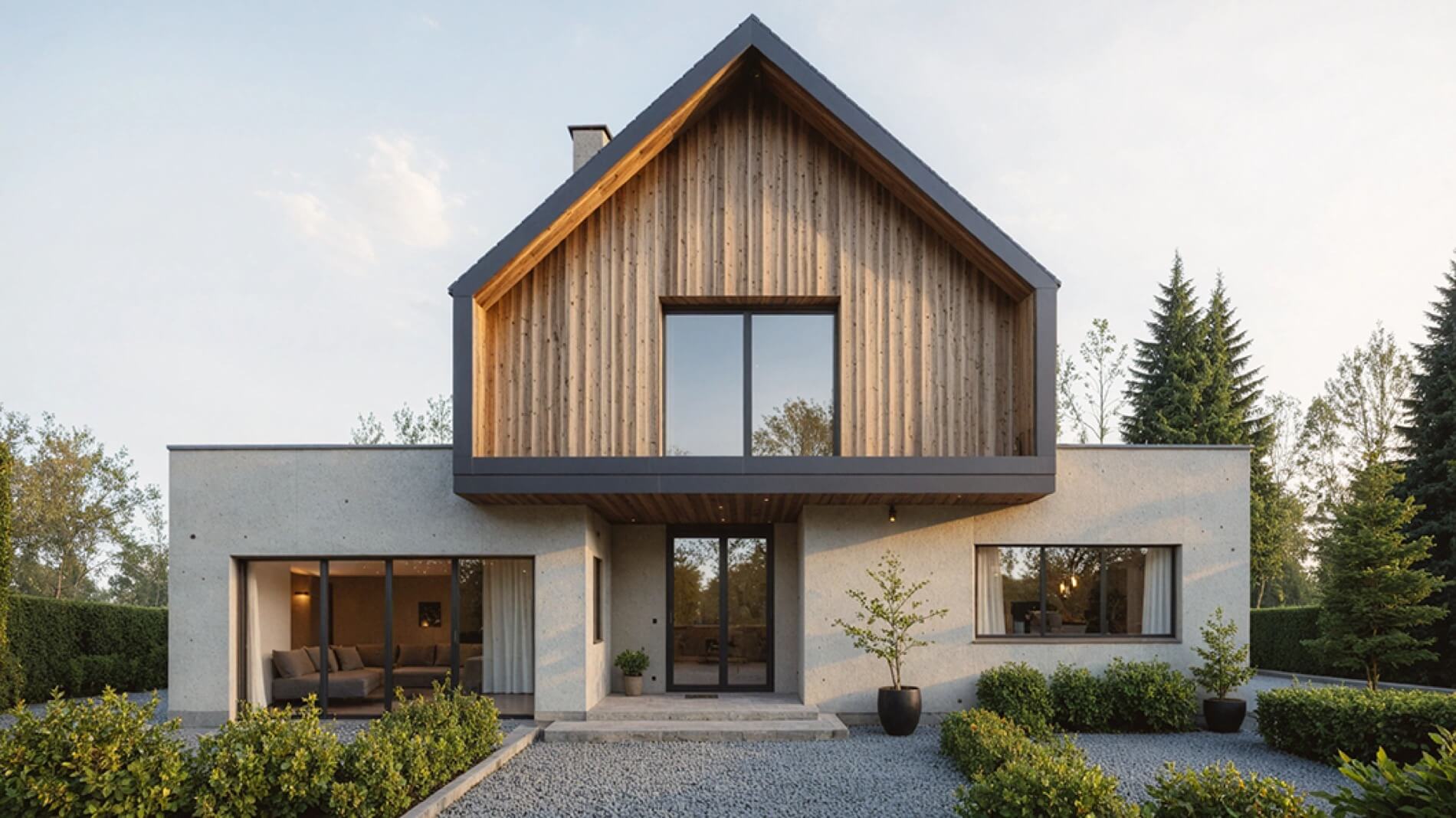 Dom łączący jasny parter z nadwieszoną drewnianą bryłą poddasza. Minimalistyczne wejście. Architekt w Białystok.
