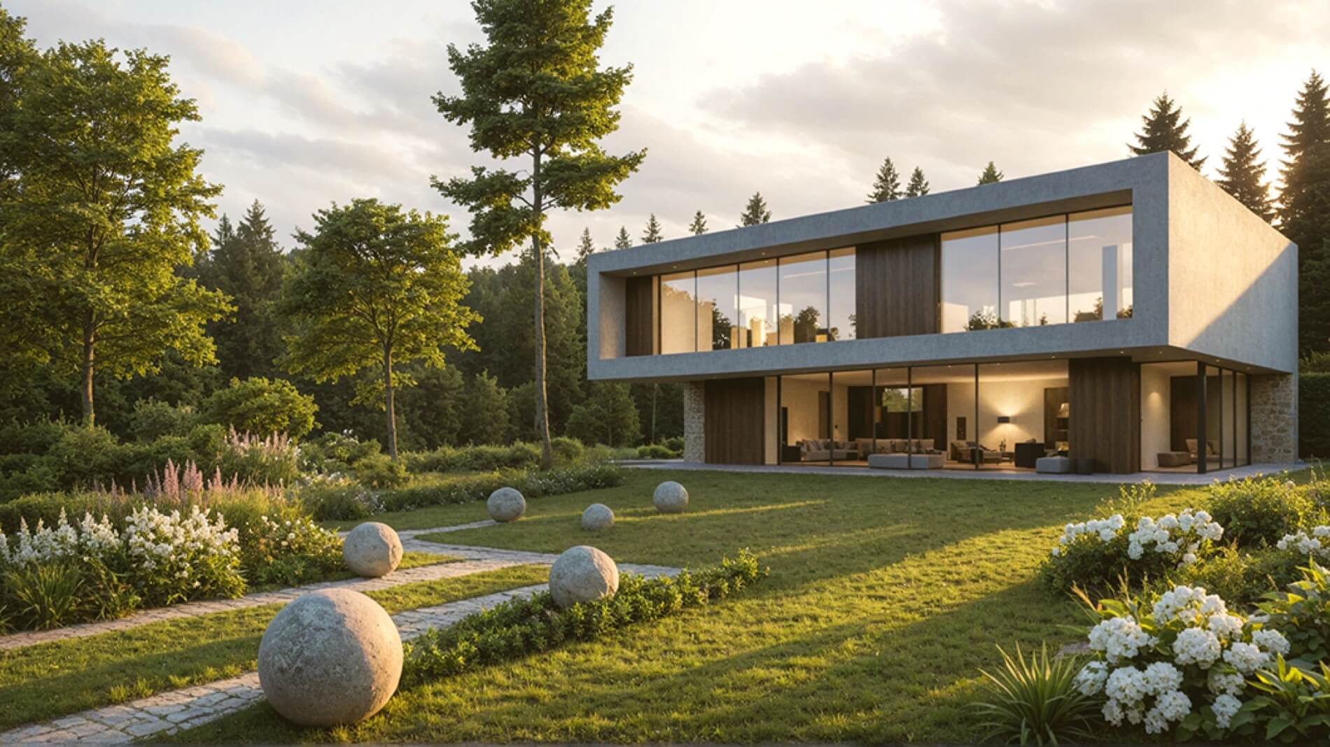 Betonowa willa z wielkimi oknami o zachodzie słońca. Rozległy ogród z kamiennymi kulami. Projekt: Architekt w Białystok.